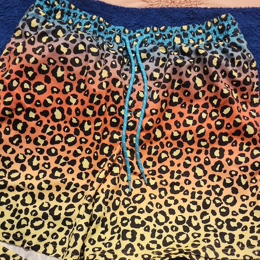 No Boundaries Leopard Print Swim Trunks - Orange, Yellow, Black